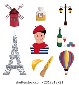 Design elements Travel to France. Set of illustrations Paris tourist attractions. Vector cartoon isolated picture set.