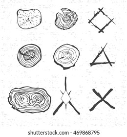 Design elements of tree rings and the composition of the branches in the hand drawn style. On a white background with texture.