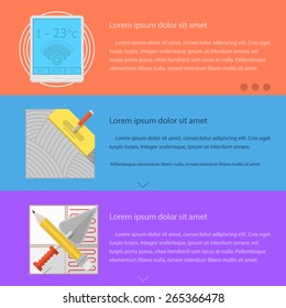 Design elements for underfloor heating installation service on colored backgrounds with sample text for your business or website. Flat vector illustration