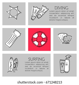 Design elements of Vacation at sea. Outline icon with elements for mobile concepts and web apps. Line and flat style icon. Vector sign.