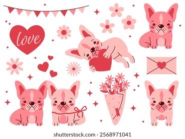 Design elements for Valentine's day greeting card with French bulldog puppy. Cute design. Vector illustration. Dog. Funny french bulldog puppy. Cute dogs, hearts, flowers