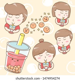 Design elements vector cartoon character of people drinking sweet bubble tea. Kawaii people cartoon with fresh and juicy bubble tea. Cup of pearl tea.