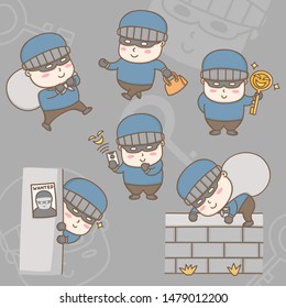 Design elements vector cartoon character of thief in stealing of valuable property actions. Kawaii thief cartoon in criminal actions.