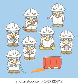 Design elements vector of cute cartoon character in chemical spill response team. Kawaii cartoon characters in protective clothing chemical exposure suit.