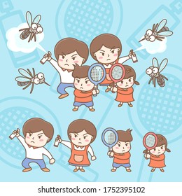 Design Elements Vector Of Cute Family Cartoon Are Fighting With Mosquitoes. Mosquitoes Are Attacking Human.