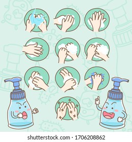 Design elements vector of cute liquid hand soap bottle cartoon characters with steps of how to wash your hands, Protect yourself from COVID-19, Coronavirus prevention.
