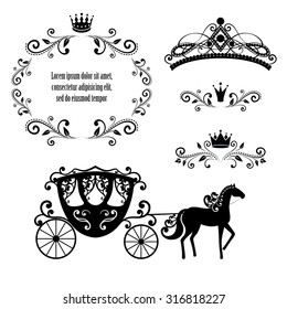 Design elements, vintage royalty frame with crown, ornamental style diadem, carriage in black color. Vector illustration. Isolated on white background. Can use for birthday card, wedding invitations. svg