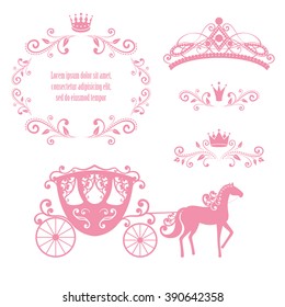 Design elements, vintage royalty frame with crown, ornamental style diadem, carriage in pink color. Vector illustration. Isolated on white background. Can use for birthday card, wedding invitations. svg
