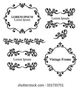 Design elements, vintage royalty frames and border in black color. Vector illustration. Isolated on white background. Can use for birthday card, wedding invitations.