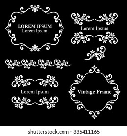 Design elements, vintage royalty frames and border in white color. Vector illustration. Isolated on black background. Can use for birthday card, wedding invitations.
