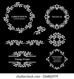 Design elements, vintage royalty frames and border in white color. Vector illustration. Isolated on black background. Can use for birthday card, wedding invitations.