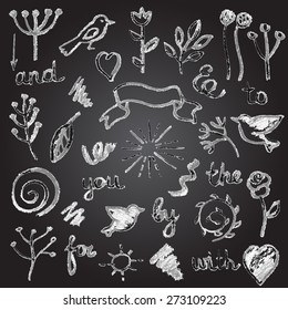 The design elements in vintage style, handmade drawing with chalk. Vector illustration.