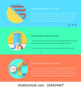Design elements for water heated floor service elements on colored backgrounds with sample text for your business or website. Flat vector illustration