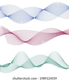 Design elements. Wave of many glittering lines. Abstract glow wavy stripes on white background isolated. Creative line art. Vector illustration EPS 10.  Colourful waves with lines created using Blend