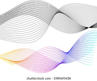 Elementos de diseño. Ola de muchas líneas brillantes. Resumen rayas onduladas brillantes sobre fondo blanco aisladas. Arte de línea creativa. Ilustración vectorial EPS 10.  Ondas coloridas con líneas creadas mediante la fusión