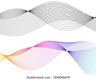 Design elements. Wave of many glittering lines. Abstract glow wavy stripes on white background isolated. Creative line art. Vector illustration EPS 10.  Colourful waves with lines created using Blend