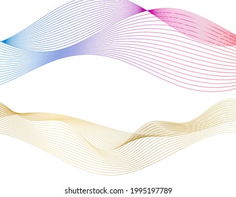 Design elements. Wave of many glittering lines. Abstract glow wavy stripes on white background isolated. Creative line art. Vector illustration EPS 10.  Colourful waves with lines created using Blend
