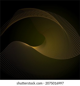 Design elements. Wave of many glittering gold lines and abstract glow wavy blend line on black background. Creative line art. Vector illustration for wedding invitation or design element