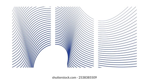 Designelemente. Welle von vielen grauen Linien. Abstrakte wellenförmige Streifen auf weißem Hintergrund einzeln. Kreative Linienkunst. Vektorgrafik EPS 10. Farbige glänzende Wellen mit Linien, die mit dem Mischwerkzeug erstellt wurden.