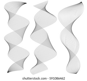 Design elements. Wave of many gray lines. Abstract vertical wavy stripes on white background isolated. Creative line art. Vector illustration EPS 10. Waves with lines created using Blend Tool.