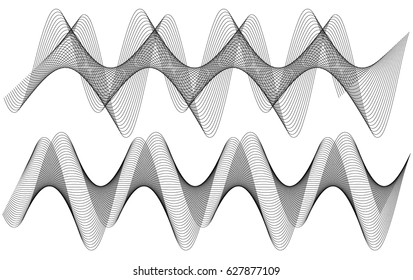 Design elements. Wave of many gray lines. Abstract wavy stripes on white background isolated. Creative line art. Vector illustration EPS 10. Colourful shiny waves with lines created using Blend Tool