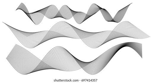 Design elements. Wave of many gray lines. Abstract wavy stripes on white background isolated. Creative line art. Vector illustration EPS 10. Colourful shiny waves with lines created using Blend Tool.