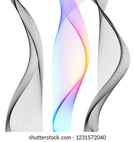 Design elements. Wave of many lines. Abstract vertical wavy stripes on white background isolated. Creative line art. Vector illustration EPS 10. Colourful waves with lines created using Blend Tool