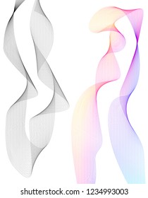 Design elements. Wave of many lines. Abstract vertical wavy stripes on white background isolated. Creative line art. Vector illustration EPS 10. Colourful waves with lines created using Blend Tool