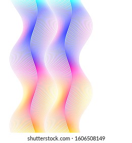 Design elements. Wave of many lines. Abstract vertical wavy stripes on white background isolated. Creative line art. Vector illustration EPS 10. Colourful waves with lines created using Blend Tool