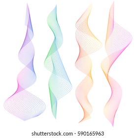 Design elements. Wave of many lines. Abstract vertical wavy stripes on white background isolated. Creative line art. Vector illustration EPS 10. Colourful waves with lines created using Blend Tool