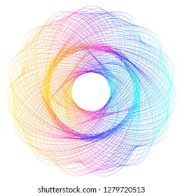 Design elements. Wave of many purple lines circle ring. Abstract vertical wavy stripes on white background isolated. Vector illustration EPS 10. Colourful waves with lines created using Blend Tool 