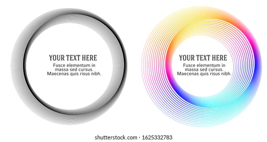 Design elements. Wave of many purple lines circle ring. Abstract vertical wavy stripes on white background isolated. Vector illustration EPS 10. Colourful waves with lines created using Blend Tool