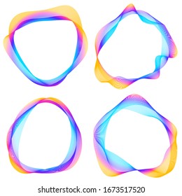  Elementos de diseño. Ola de muchas líneas violetas anillo circular. Unas franjas onduladas verticales abstractas sobre fondo blanco aisladas. Ilustración del vector EPS 10. Olas en color con líneas creadas mediante la herramienta Mezcla
