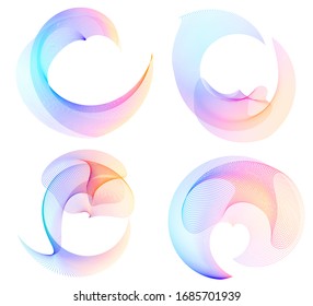 Elementos de diseño. Ola de muchas líneas violetas anillo circular. Tiras onduladas de giro abstracto sobre fondo blanco aisladas. Ilustración del vector EPS 10. Olas en color con líneas creadas mediante la herramienta Mezcla