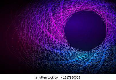 Design elements. Wave of many purple lines circle ring. Abstract vertical wavy stripes on dark background. Vector illustration EPS 10. Colourful waves with lines created using Blend Tool