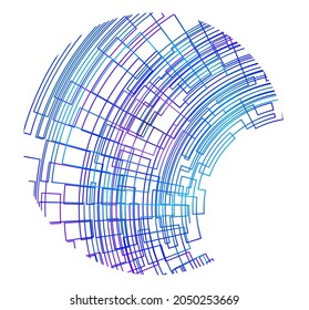 Elementos de diseño. Ola de muchas líneas violetas anillo de círculo. Resumen de rayas onduladas verticales sobre fondo blanco aislado. Ilustración del vector EPS 10. Ondas coloridas con líneas creadas mediante la herramienta Mezcla