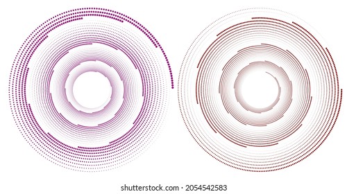Elementos de diseño. Ola de muchas líneas violetas anillo de círculo. Resumen de rayas onduladas verticales sobre fondo blanco aislado. Ilustración del vector EPS 10. Ondas coloridas con líneas creadas mediante la herramienta Mezcla
