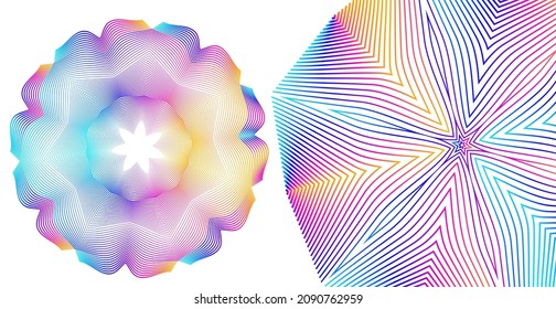 Design elements. Wave of many purple lines circle ring. Abstract vertical wavy stripes on white background isolated. Vector illustration EPS 10. Colourful waves with lines created using Blend Tool