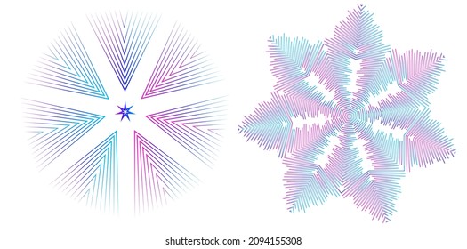 Design elements. Wave of many purple lines circle ring. Abstract vertical wavy stripes on white background isolated. Vector illustration EPS 10. Colourful waves with lines created using Blend Tool