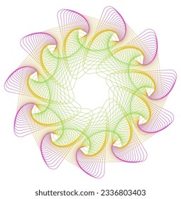 Elementos de diseño. Ola de muchas líneas violetas anillo de círculo. Resumen de rayas onduladas verticales sobre fondo blanco aislado. Ilustración del vector EPS 10. Ondas coloridas con líneas creadas mediante la herramienta Mezcla
