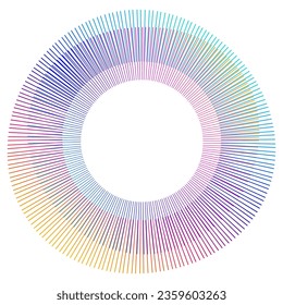 Elementos de diseño. Ola de muchas líneas violetas anillo de círculo. Resumen de rayas onduladas verticales sobre fondo blanco aislado. Ilustración del vector EPS 10. Ondas coloridas con líneas creadas mediante la herramienta Mezcla
