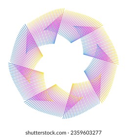 Elementos de diseño. Ola de muchas líneas violetas anillo de círculo. Resumen de rayas onduladas verticales sobre fondo blanco aislado. Ilustración del vector EPS 10. Ondas coloridas con líneas creadas mediante la herramienta Mezcla
