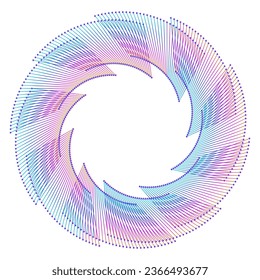 Elementos de diseño. Ola de muchas líneas violetas anillo de círculo. Resumen de rayas onduladas verticales sobre fondo blanco aislado. Ilustración del vector EPS 10. Ondas coloridas con líneas creadas mediante la herramienta Mezcla
