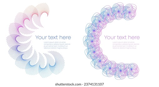 Elementos de diseño. Ola de muchas líneas violetas anillo de círculo. Resumen de rayas onduladas verticales sobre fondo blanco aislado. Ilustración del vector EPS 10. Ondas coloridas con líneas creadas mediante la herramienta Mezcla