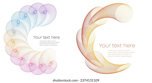 Elementos de diseño. Ola de muchas líneas violetas anillo de círculo. Resumen de rayas onduladas verticales sobre fondo blanco aislado. Ilustración del vector EPS 10. Ondas coloridas con líneas creadas mediante la herramienta Mezcla