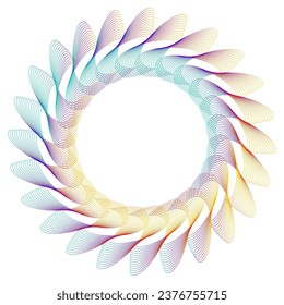 Elementos de diseño. Ola de muchas líneas violetas anillo de círculo. Resumen de rayas onduladas verticales sobre fondo blanco aislado. Ilustración del vector EPS 10. Ondas coloridas con líneas creadas mediante la herramienta Mezcla

