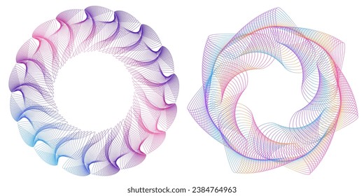 Design elements. Wave of many purple lines circle ring. Abstract vertical wavy stripes on white background isolated. Vector illustration EPS 10. Colorful waves with lines created using Blend Tool
