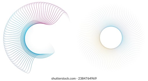 Elementos de diseño. Ola de muchas líneas violetas anillo de círculo. Resumen de rayas onduladas verticales sobre fondo blanco aislado. Ilustración del vector EPS 10. Ondas coloridas con líneas creadas mediante la herramienta Mezcla
