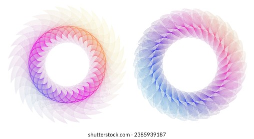 Design elements. Wave of many purple lines circle ring. Abstract vertical wavy stripes on white background isolated. Vector illustration EPS 10. Colorful waves with lines created using Blend Tool
