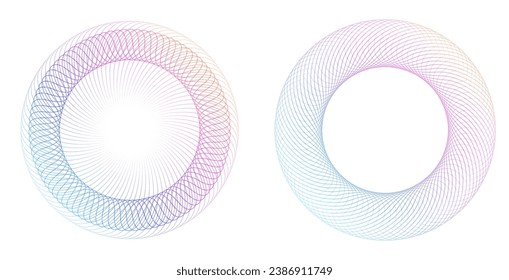 Elementos de diseño. Ola de muchas líneas violetas anillo de círculo. Resumen de rayas onduladas verticales sobre fondo blanco aislado. Ilustración del vector EPS 10. Ondas coloridas con líneas creadas mediante la herramienta Mezcla
